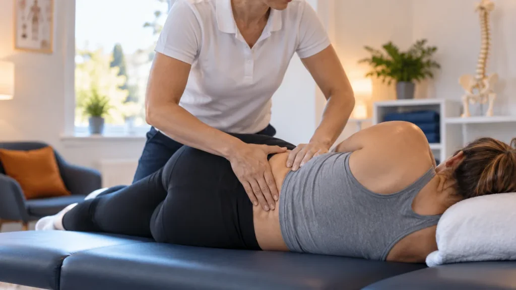 Relaxed patient during gentle osteopathy treatment, Rainham clinic.