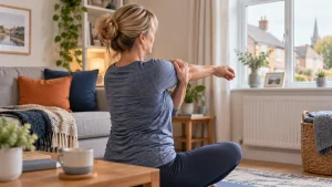 Woman stretching shoulder at home, menopause joint pain relief, Rainham.