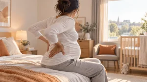 Pregnant woman holding lower back, pelvic girdle pain relief, Maidstone.